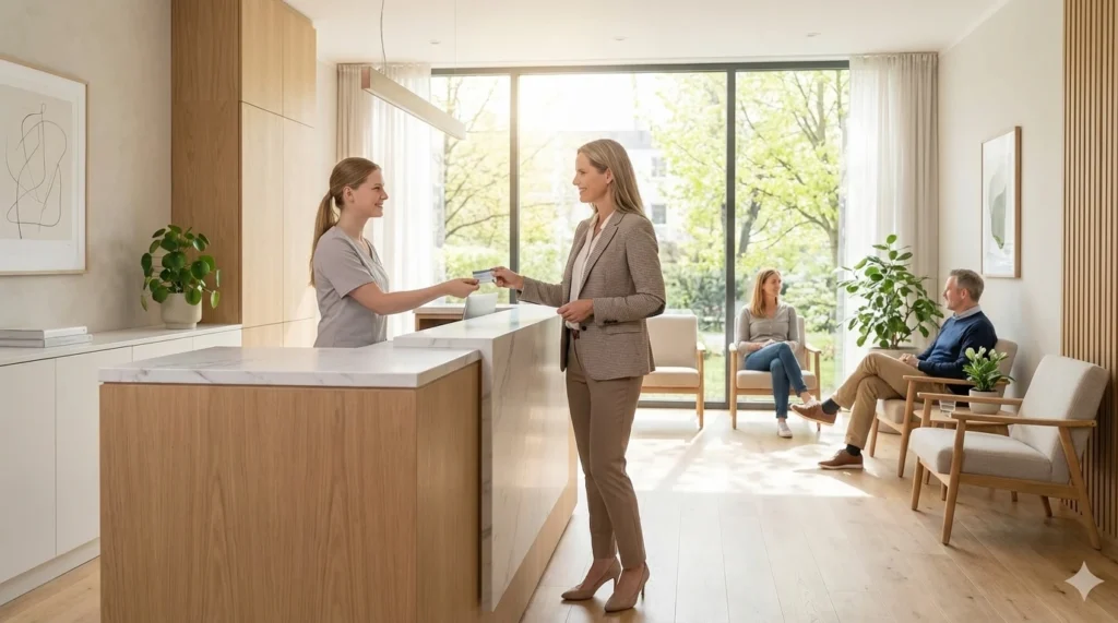 Moderne Empfangssituation in einer Praxis. Eine Privatpatientin erhält die Rechnung für Ihre Behandlung. Beneversichert Versicherungsmakler aus Tübingen für PKV Familien und Kinder.