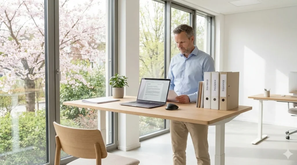 Mann arbeitet an Stehpult im Büro aber abgewandt vom Laptop. Beneversichert ist Versicherungsmakler in Tübingen