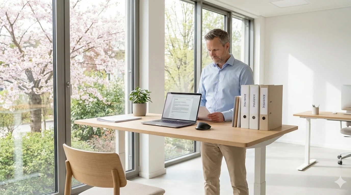Mann arbeitet an Stehpult im Büro aber abgewandt vom Laptop. Beneversichert ist Versicherungsmakler in Tübingen