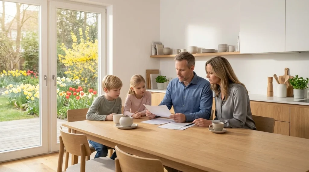 Familie am Tisch mit Dokumenten. Beneversichert hilft Familien und Kindern bei BU. Versicherungsmakler in Tübingen.