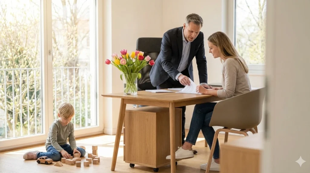 Familie am Tisch, Blumen, Kind spielt. Beneversichert hilft als Versicherungsmakler in Tübingen Familien bei der richtigen Absicherung