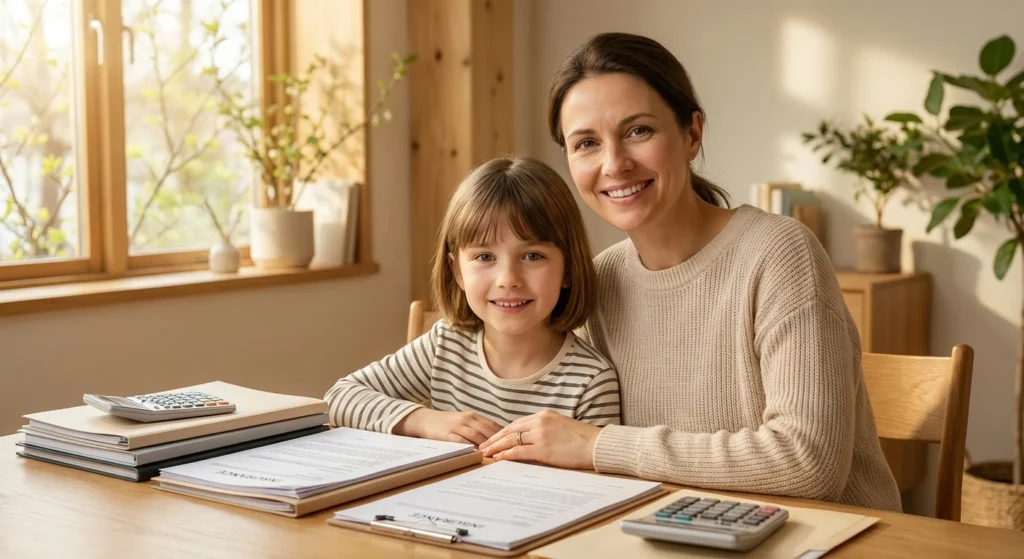 Mutter und Tochter am Tisch lächelnd. Beneversichert ist Versicherungsmakler aus Tübingen für Familien und Kinder
