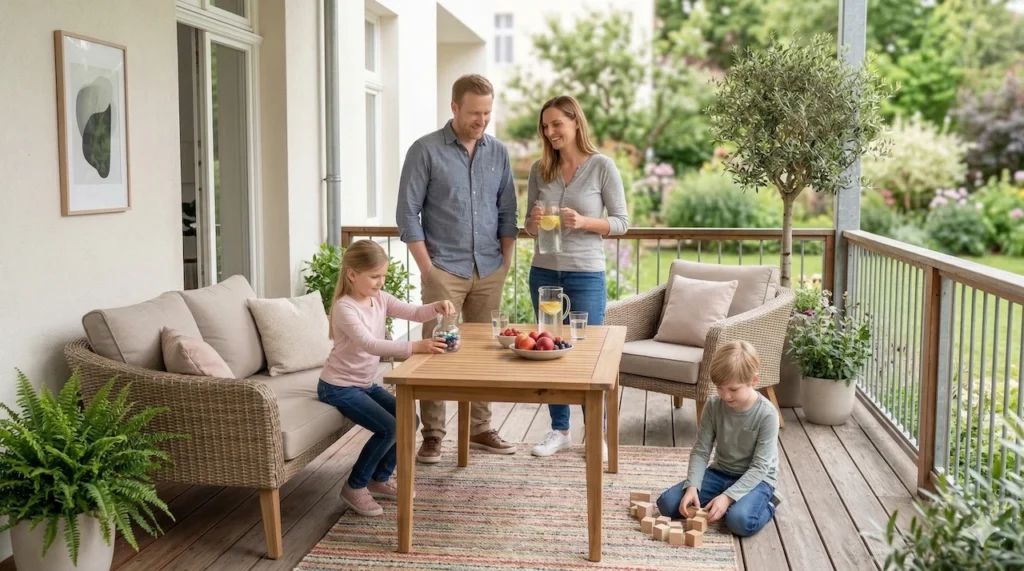 Familie mit 2 Kindern genießt Zeit im Freien auf der Veranda | Beneversichert ist Versicherungsmakler für Familien und Kinder