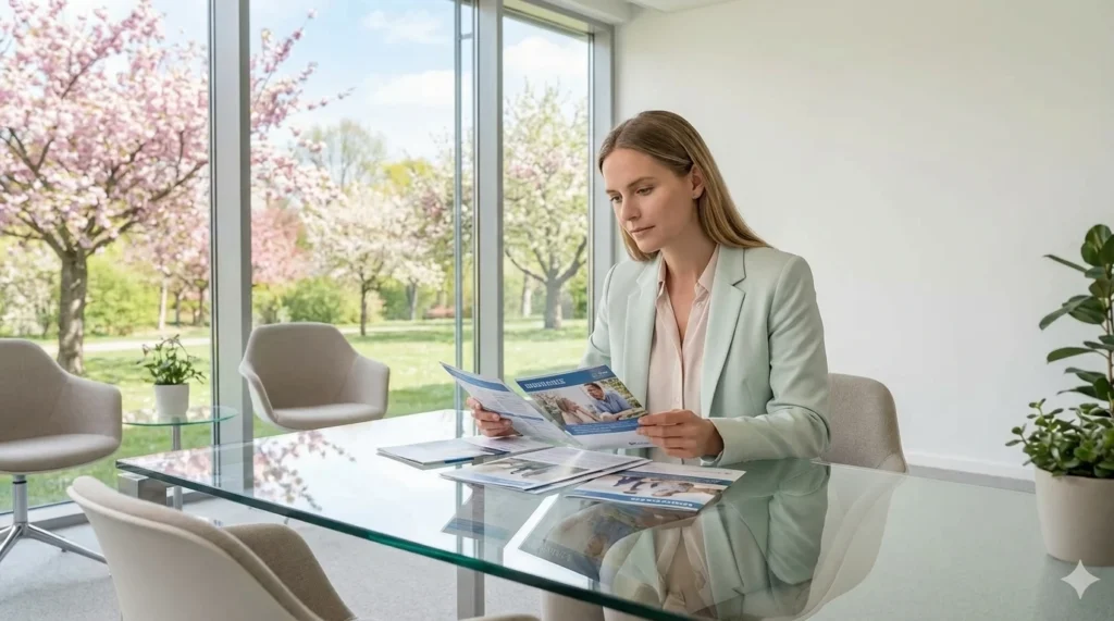 Frau liest Broschüren in modernem Büro. Beneversichert Versicherungsmakler für Familien in Tübingen