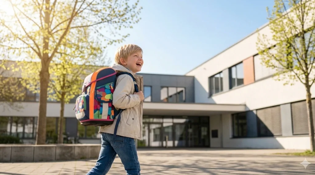 Junge mit Rucksack geht zur Schule. Beneversichert ist Versicherungsmakler für Berufsunfähigkeitsversicherungen für Kinder