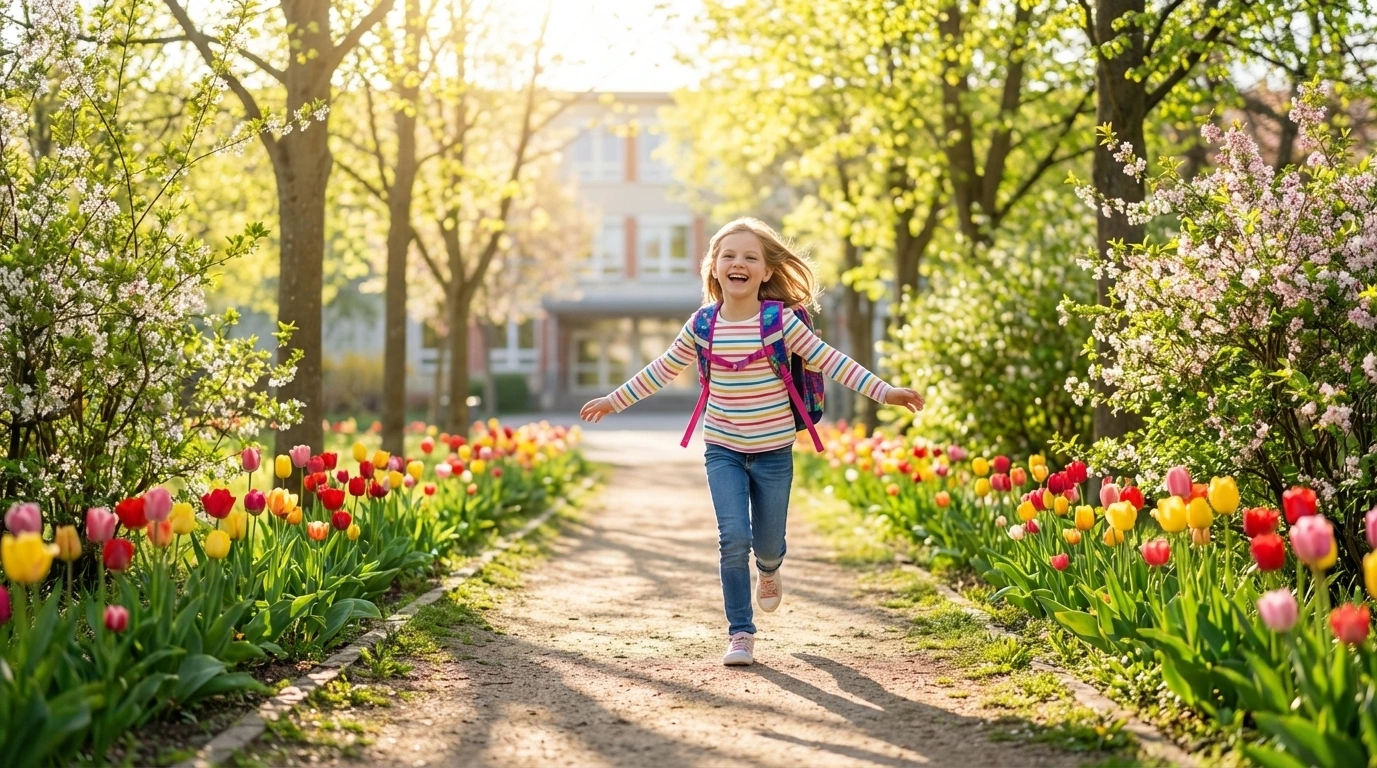 Lächelndes Mädchen läuft durch Blumenbeet. Beneversichert ist Versicherungsmakler für Berufsunfähigkeitsversicherungen für Kinder