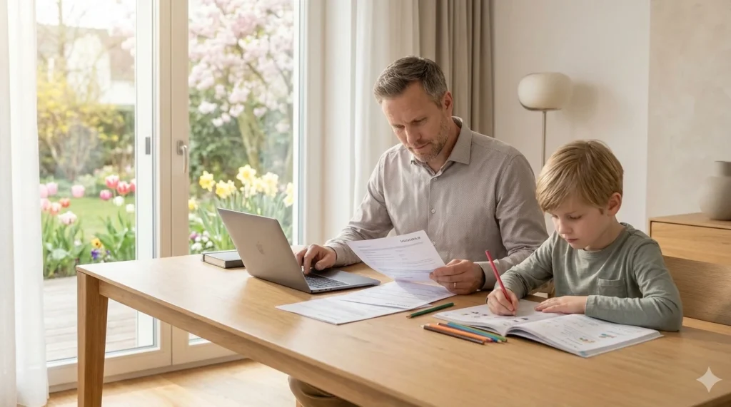 Vater hilft Sohn beim Lernen. Beneversichert ist Versicherungsmakler für Berufsunfähigkeitsversicherungen für Kinder