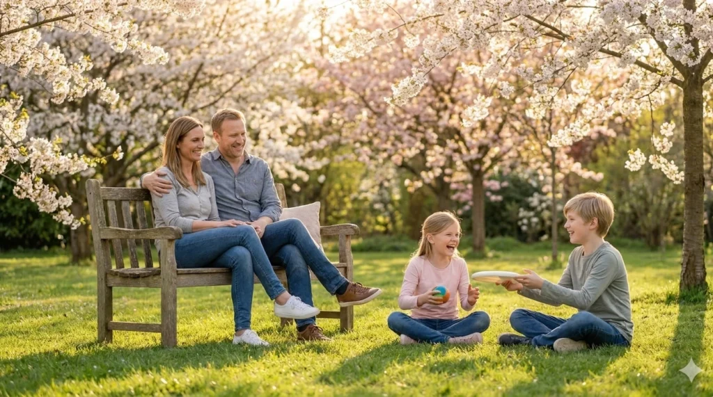 Familie genießt Zeit im Garten. Beneversichert ist Versicherungsmakler für Berufsunfähigkeitsversicherungen für Kinder.