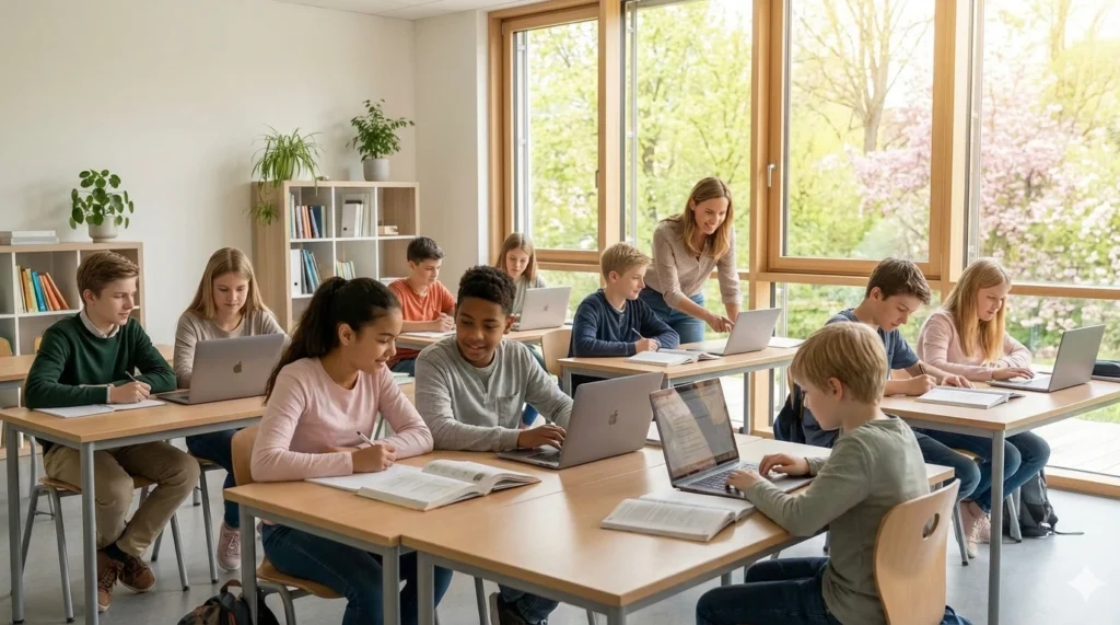 Berufsunfähigkeitsversicherung für Kinder: Vor- und Nachteile im Überblick 3 Schüler arbeiten konzentriert im Klassenzimmer. Beneversichert ist Versicherungsmakler für Berufsunfähigkeitsversicherungen für Schüler.