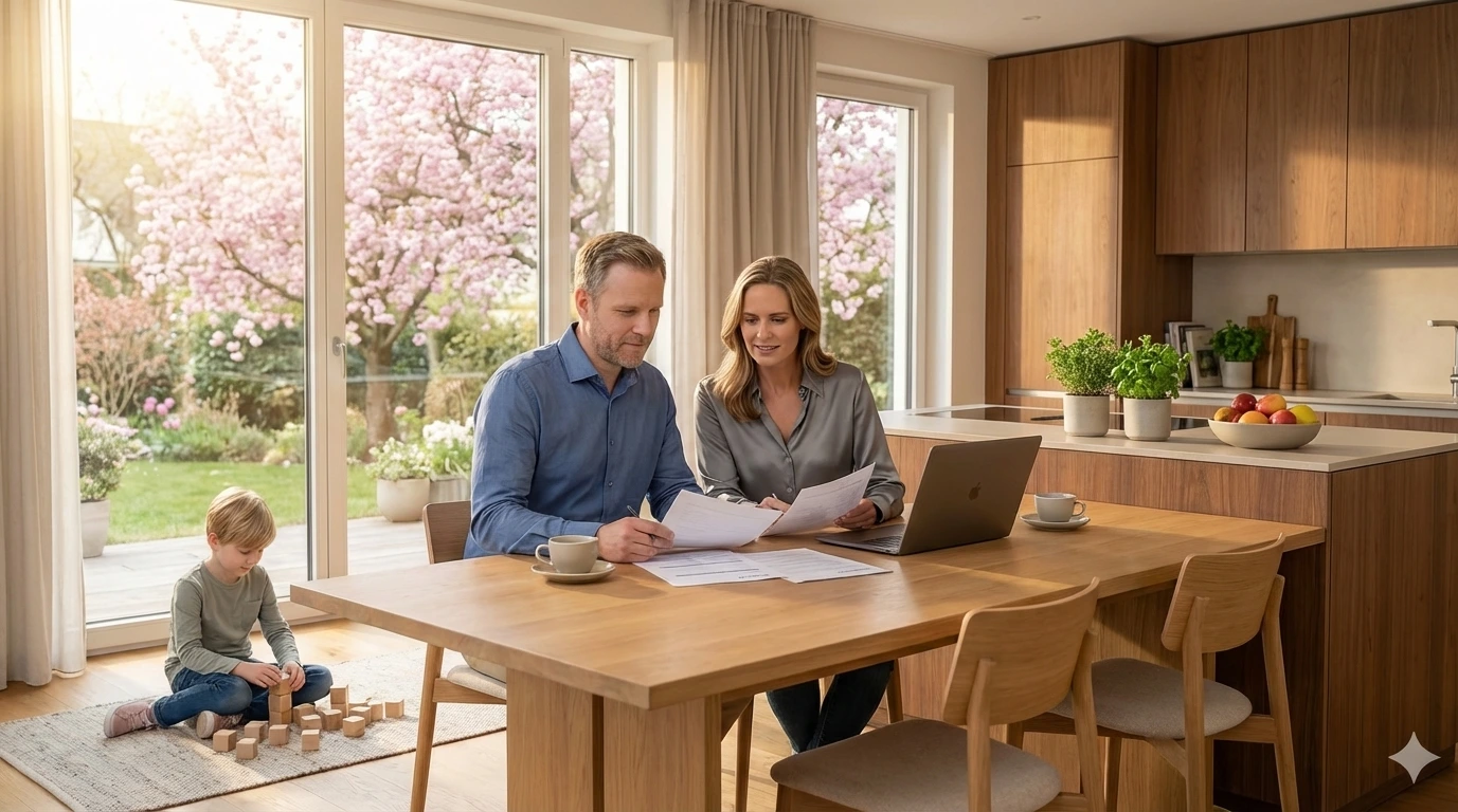 Familie am Tisch, Dokumente und Laptop. Beneversichert ist Versicherungsmakler für Berufsunfähigkeitsversicherungen