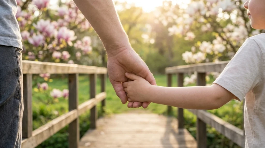Händchen haltende Familie in der Natur. Beneversichert ist Versicherungsmakler für Kinder-Unfallversicherungen.