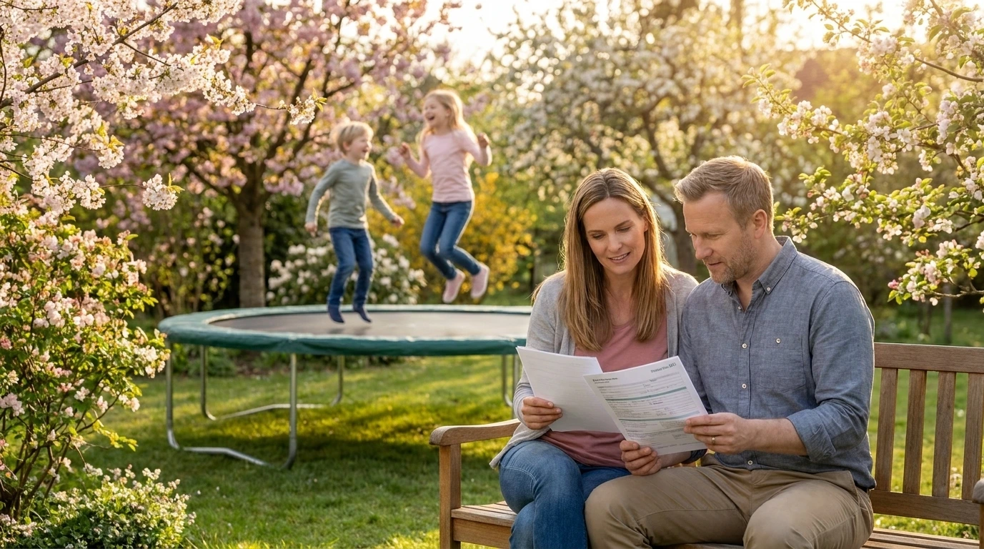 Familie im Garten mit Trampolin. Beneversichert ist Versicherungsmakler für Unfallversicherungen für Kinder.