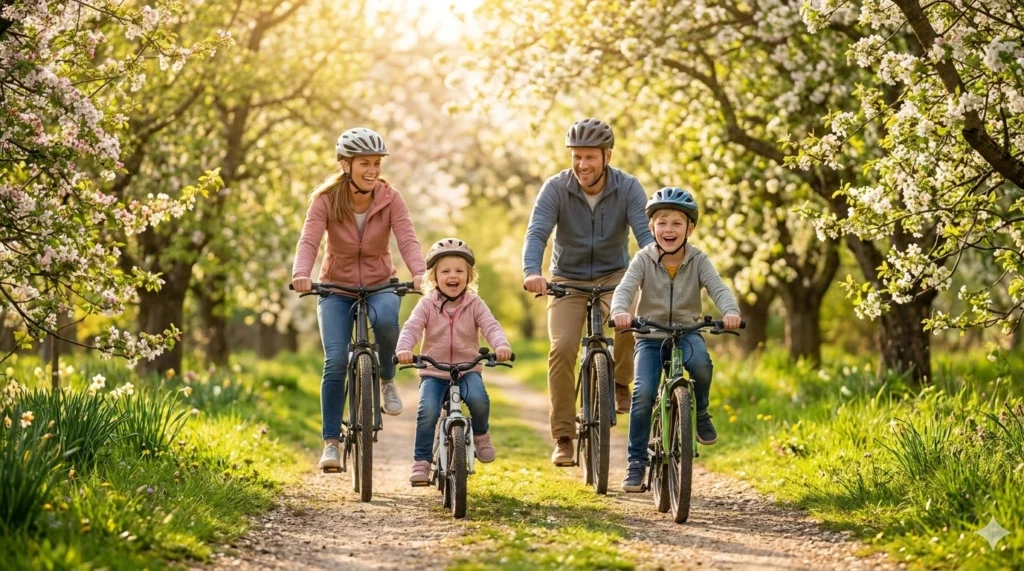 Familie fährt Fahrrad im Blumenhain. Beneversichert ist Versicherungsmakler für Unfallversicherungen für Kinder.