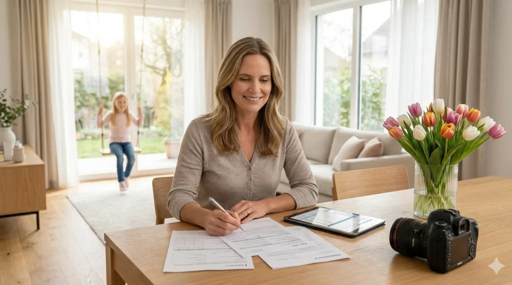 Frau arbeitet am Tisch, Kind schwingt. Beneversichert ist Versicherungsmakler für Kinderunfallversicherungen.