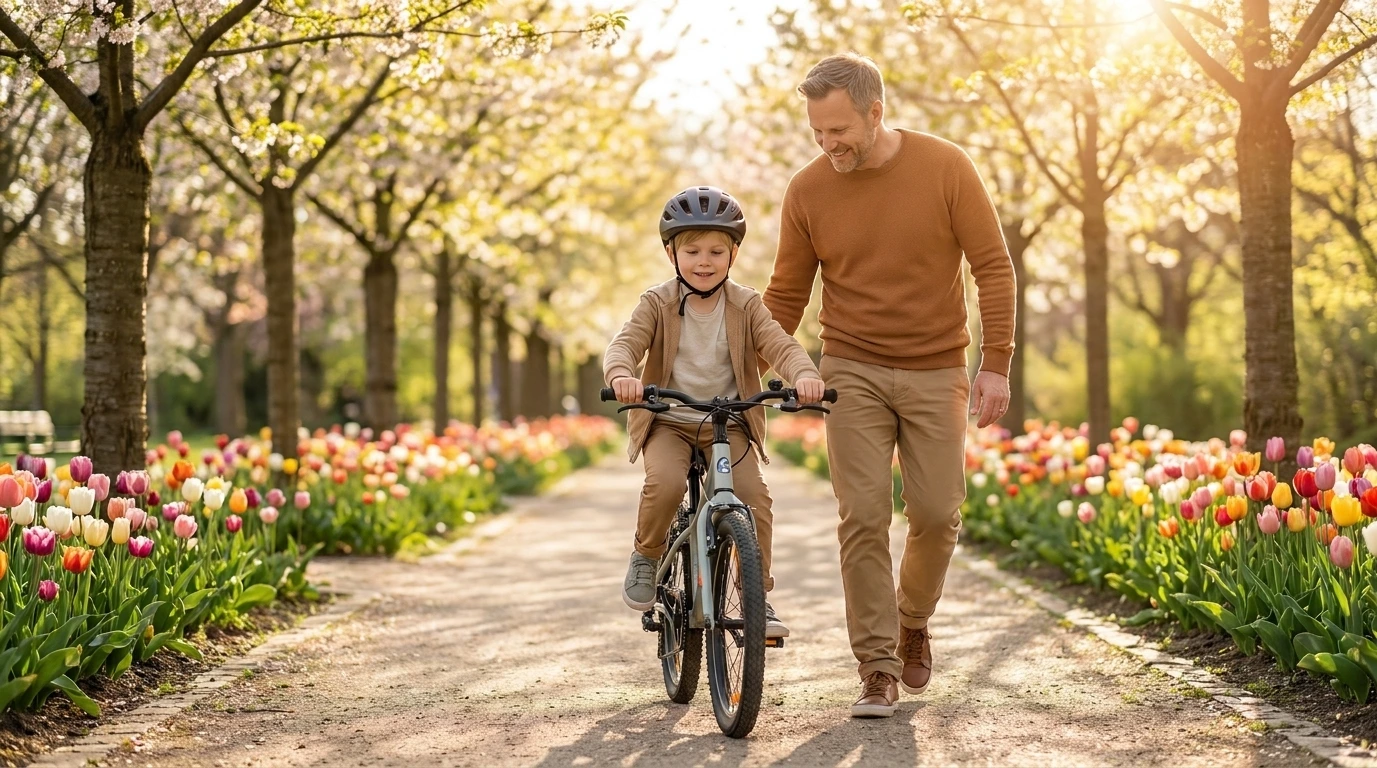 Vater hilft Sohn beim Radfahren. Beneversichert ist Versicherungsmakler für Unfallversicherungen für Kinder.