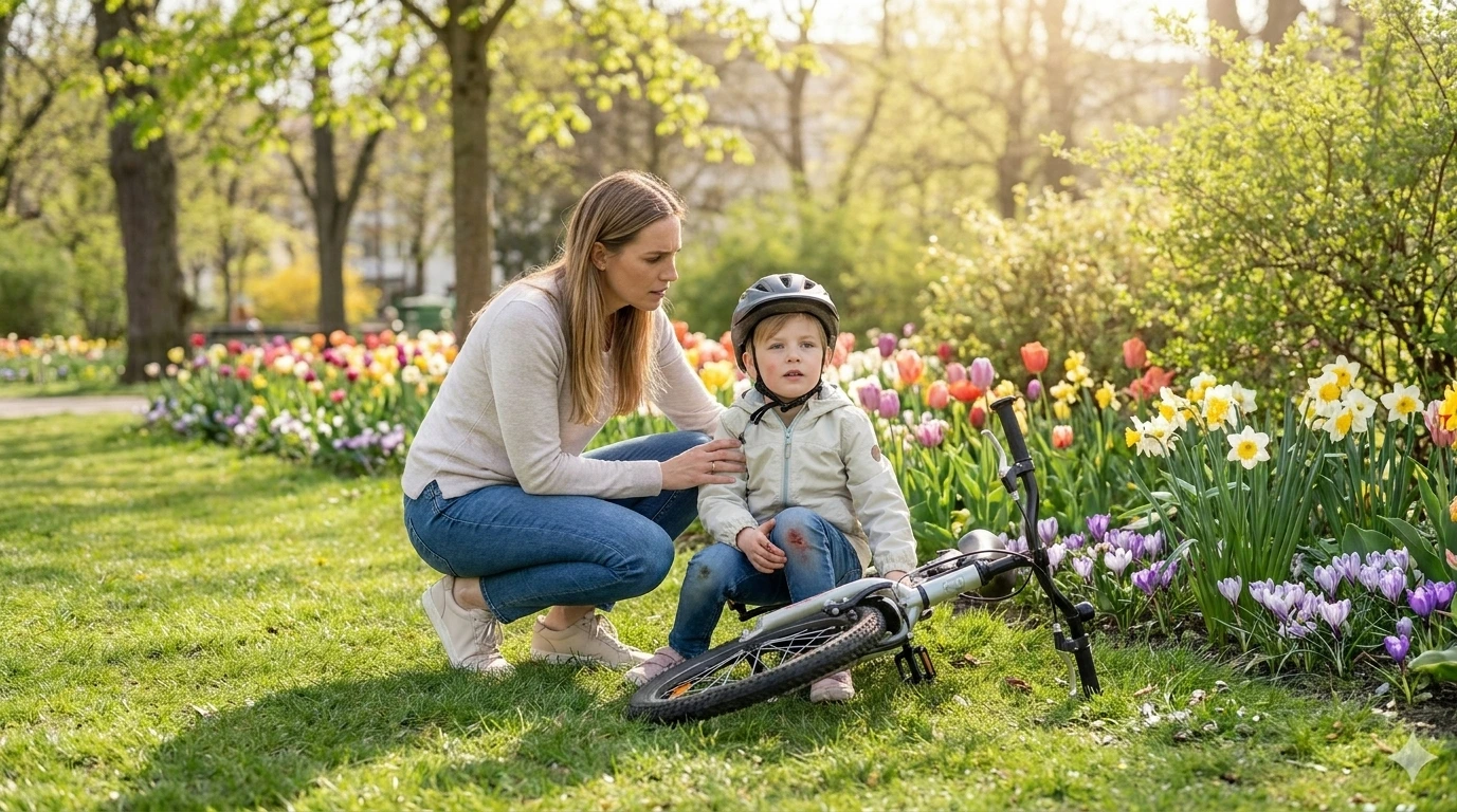 Mutter mit Kind beim Fahrradunfall. Beneversichert ist Versicherungsmakler für Unfallversicherungen für Kinder.