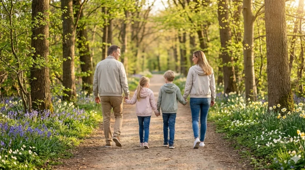 Familie spaziert im Wald. Beneversichert ist Versicherungsmakler für Kinder-Unfallversicherungen.
