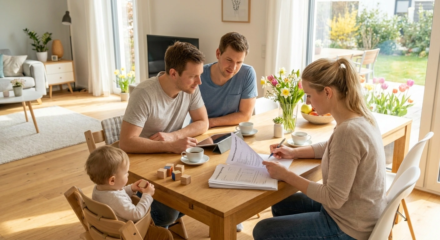 Familie bespricht Dokumente am Tisch. Beneversichert ist Versicherungsmakler für Unfallversicherungen für Kinder.