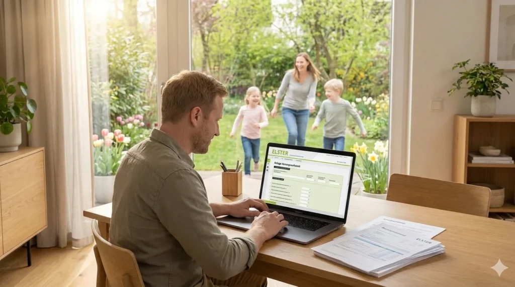 Mann arbeitet am Laptop, Kinder spielen. Beneversichert ist Versicherungsmakler für Unfallversicherungen für Kinder.