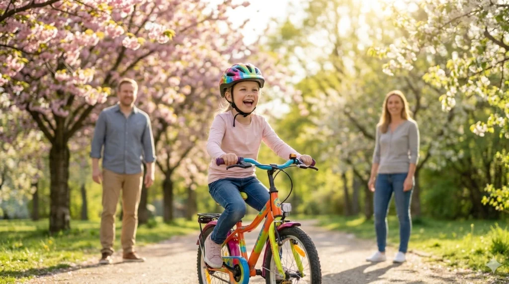 Kind fährt Fahrrad unter blühenden Bäumen. Beneversichert ist Versicherungsmakler für Unfallversicherungen für Kinder.