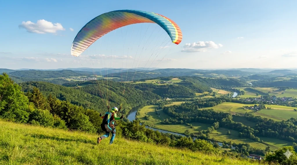Beneversichert 47 Paraglider über grüne Landschaft fliegend. Beneversichert ist Versicherungsmakler für Unfallversicherungen.
