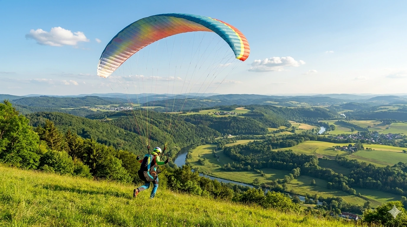 Paraglider über grüne Landschaft fliegend. Beneversichert ist Versicherungsmakler für Unfallversicherungen.