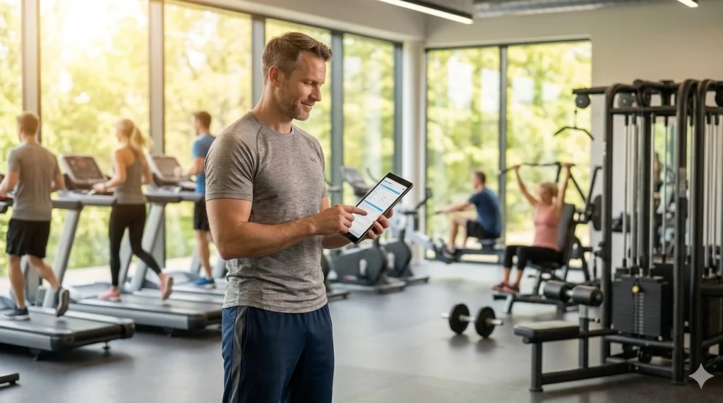 Mann im Fitnessstudio mit Tablet. Beneversichert ist Versicherungsmakler für Sportler