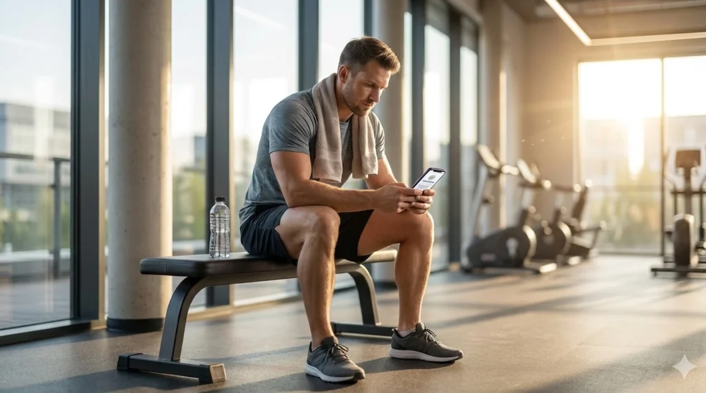 Sportler sitzt nach dem Training auf einer Gymnastiksitzbank im Fitnessstudio, Handtuch um den Hals, und informiert sich auf seinem Smartphone über Sportlerversicherungen