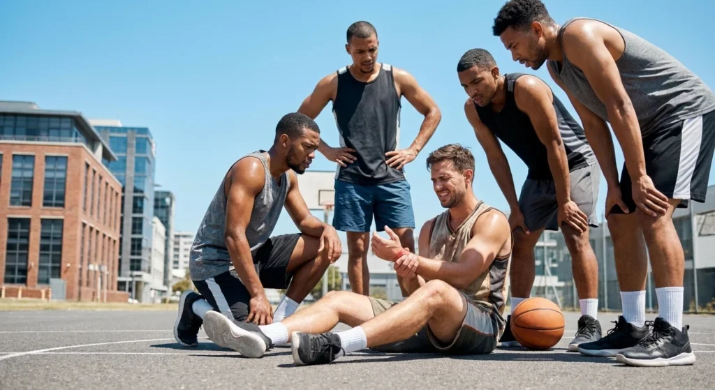 Basketballspieler sitzt verletzt auf dem Boden eines Außenplatzes und hält sein schmerzendes Handgelenk, während vier Mitspieler besorgt um ihn herumstehen