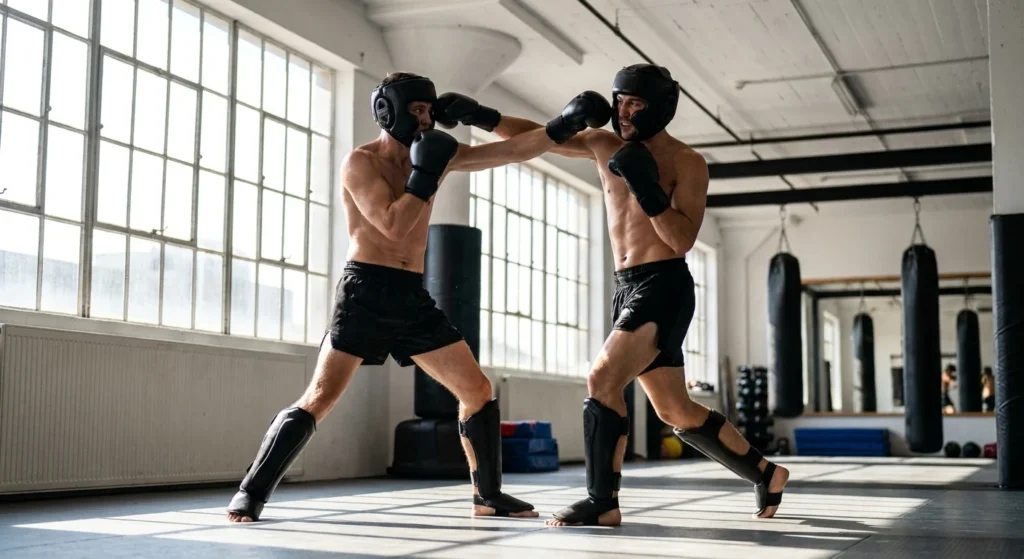Zwei Boxer mit Kopfschutz, Boxhandschuhen und Schienbeinschonern kämpfen in einer Trainingshalle – Kampfsport als typisches Beispiel für Risikoausschlüsse in der privaten Unfallversicherung