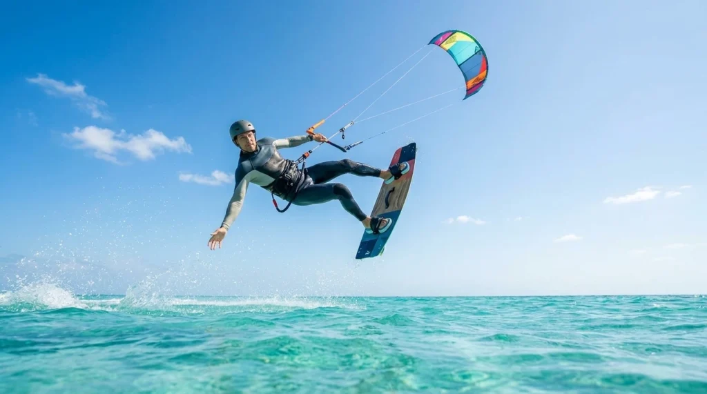 Kitesurfer springt über das Wasser. Beneversichert ist Versicherungsmakler für Unfallversicherungen für Sportler.