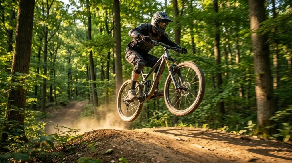 Versicherung für Extremsportler: So bist du wirklich abgesichert 2 Mountainbiker springt über einen Hügel. Beneversichert ist Versicherungsmakler für Sportler.