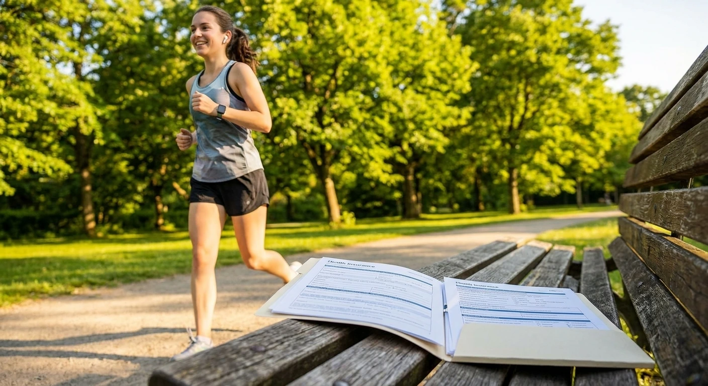 Wie sind Sportler krankenversichert? Das musst du wissen 1 Läuferin im Park, Unterlagen daneben. Beneversichert ist Versicherungsmakler für Sportler.