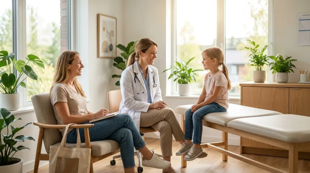Ärztin spricht mit Mutter und Kind bezüglich Zuschuss zur PKV für Kinder