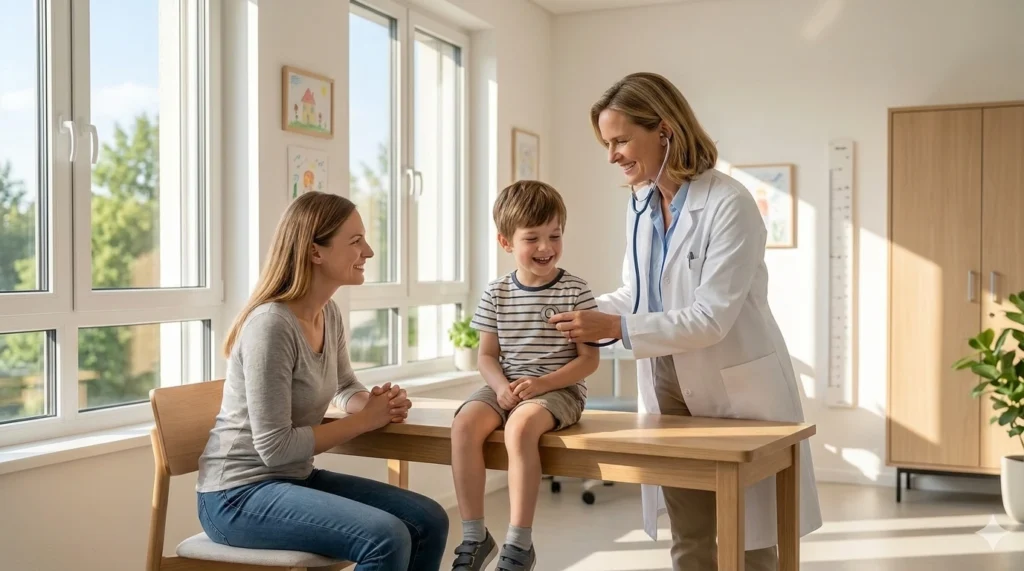 Arzt untersucht lächelndes Kind mit Mutter. Beneversichert ist Versicherungsmakler für private Krankenversicherungen.