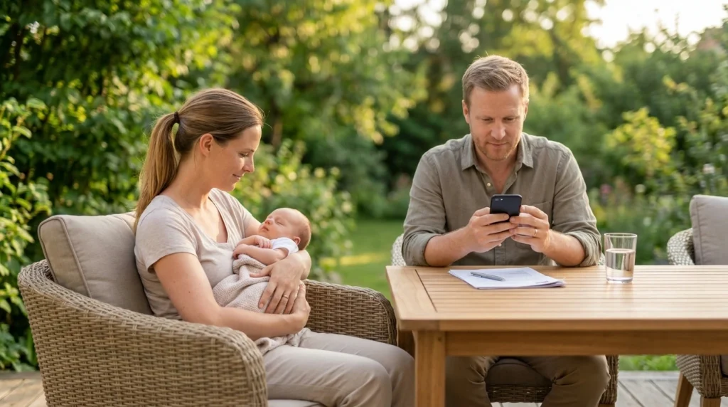 Eltern mit Baby im Garten. Beneversichert ist Versicherungsmakler für private Krankenversicherungen.