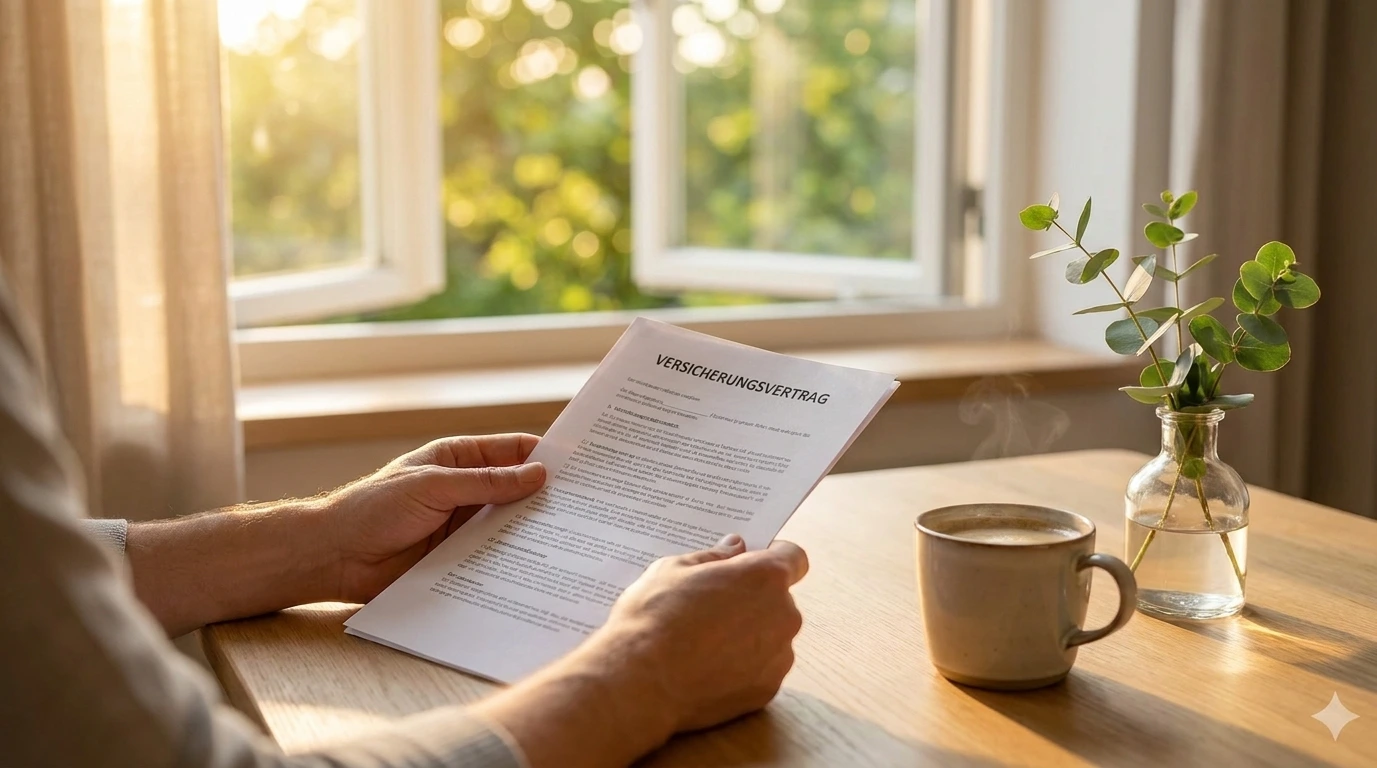 Berufsunfähigkeitsversicherung nicht in Anspruch genommen: Was passiert dann? 1 Person liest Versicherungsunterlagen am Tisch. Beneversichert ist Versicherungsmakler für Berufsunfähigkeitsversicherungen.