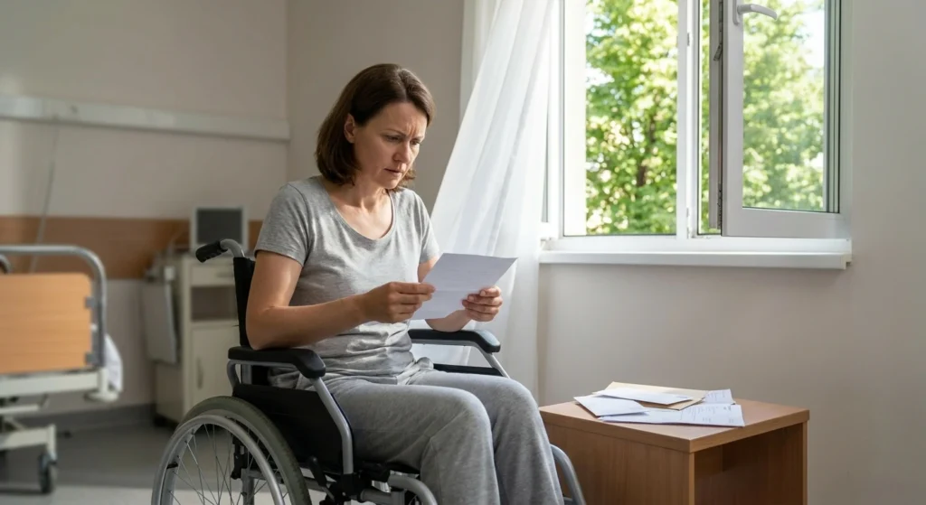 Frau im Rollstuhl liest Dokumente. Beneversichert ist Versicherungsmakler für Berufsunfähigkeitsversicherungen.